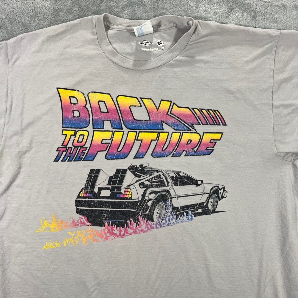Back to the Future T Shirt Adult XL Gray Retro DeLorean 80s Port & Company Fox